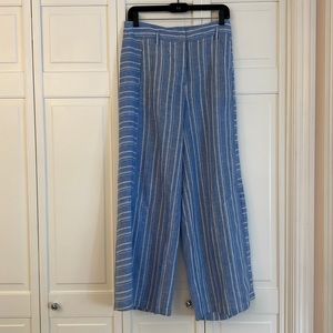 Darling blue and white striped linen wide legged high waisted pants